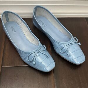 SCHUTZ Light Blue Croc-Embossed Bow Flats